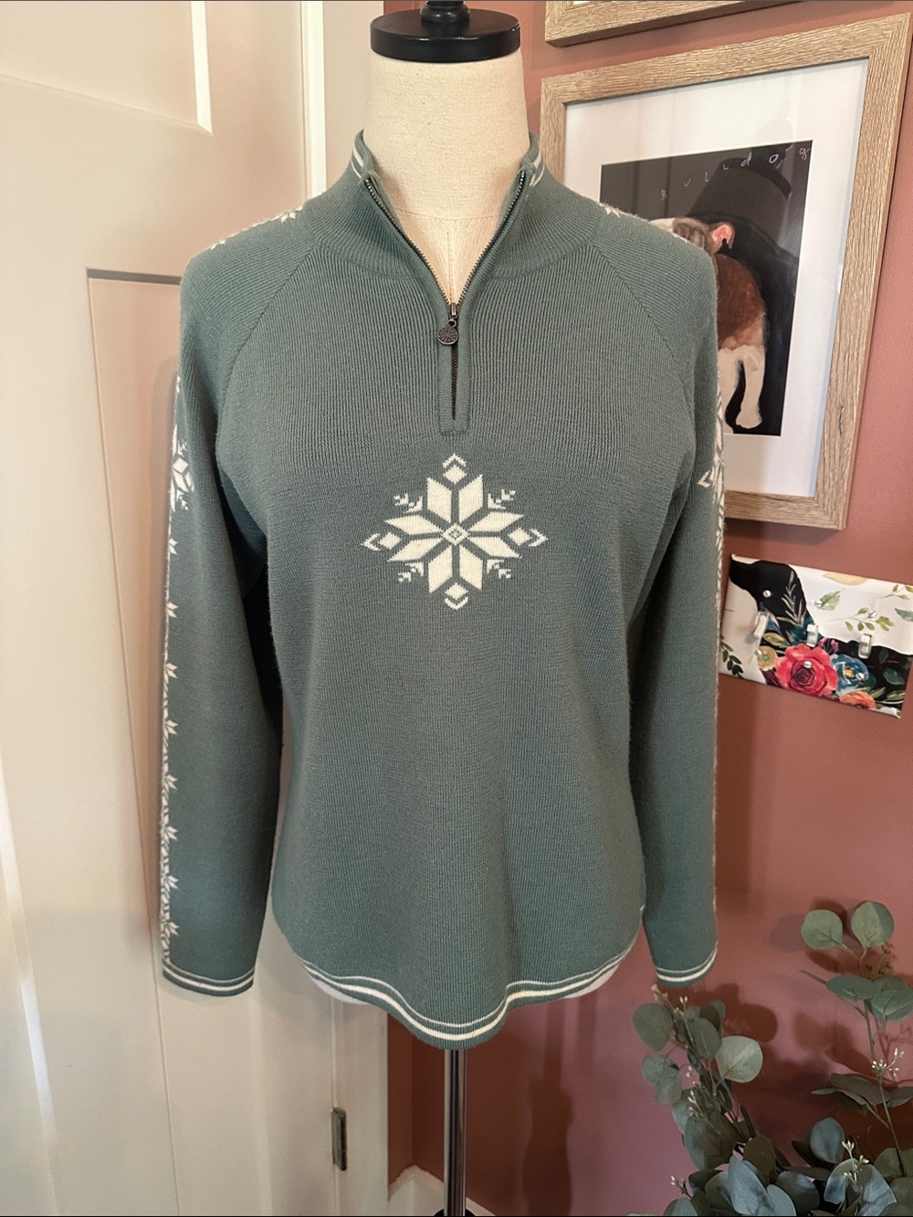 Neve Women’s Sage Green white M 1/4 Zip Snowflake ski new wool fair isle sweater